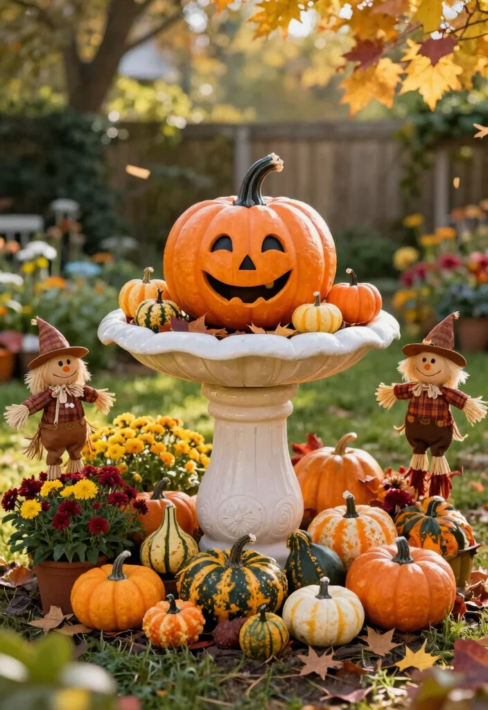 7 Spooky Bird Bath Halloween Ideas for Yard Decor 2. Pumpkin Patch Bird Bath 0