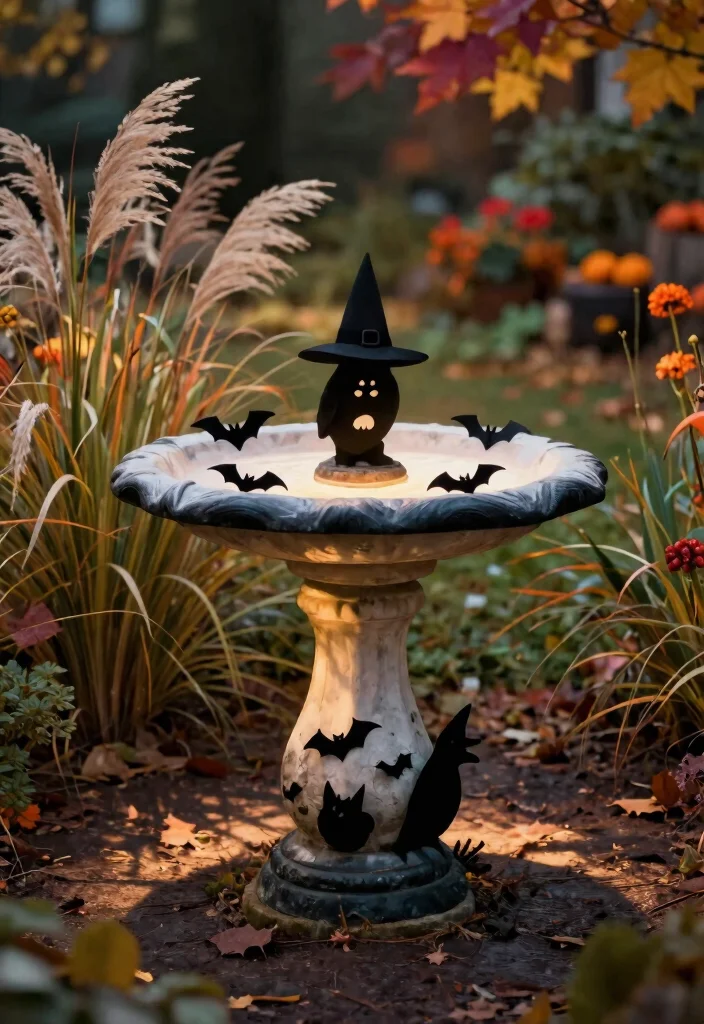7 Spooky Bird Bath Halloween Ideas for Yard Decor 3. Spooky Silhouette Bird Bath 0