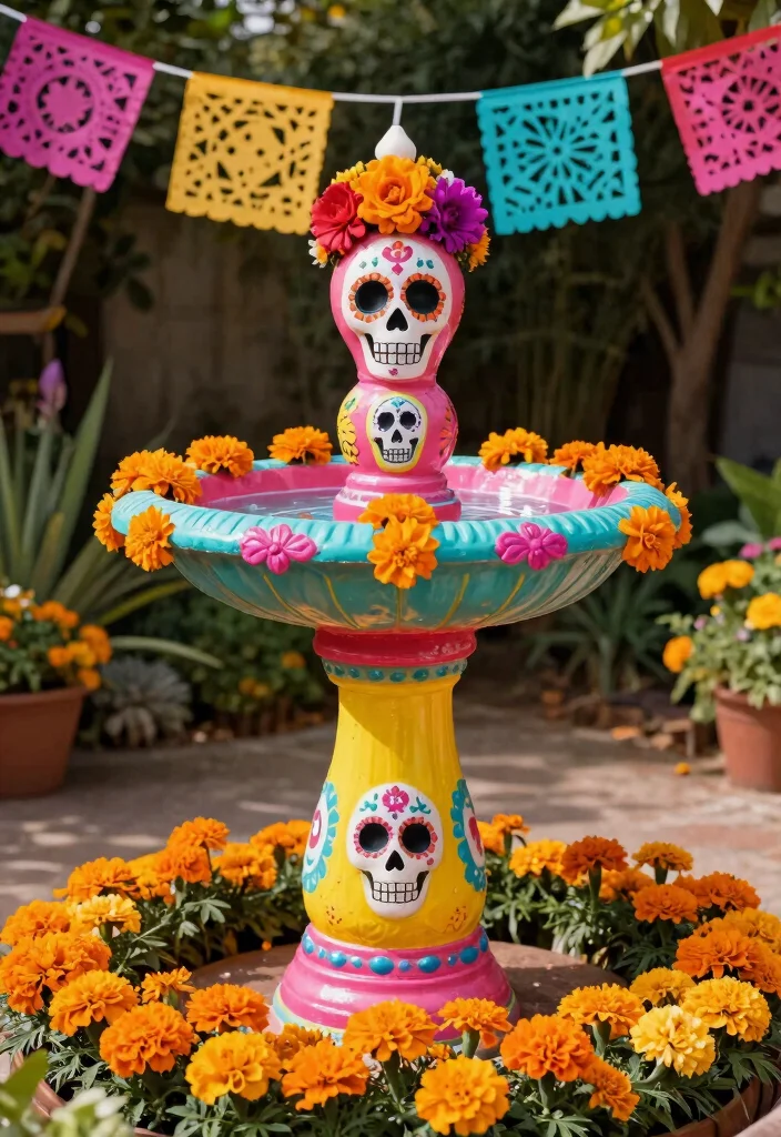 7 Spooky Bird Bath Halloween Ideas for Yard Decor 6. Day of the Dead Bird Bath 0