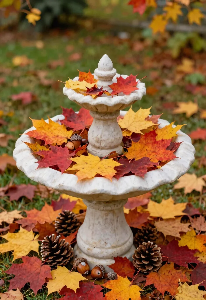 7 Spooky Bird Bath Halloween Ideas for Yard Decor 7. Fall Foliage Bird Bath 0