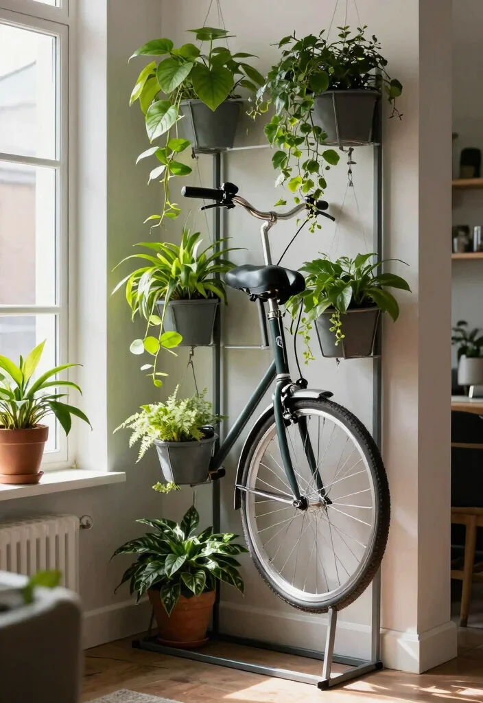 10 Aesthetic Bike at Home Storage Ideas for Any Room 2. Vertical Bike Storage with Hanging Planters 0