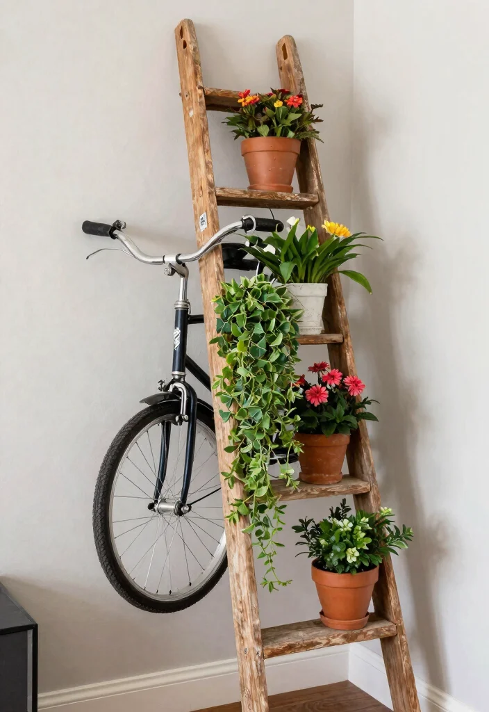 10 Aesthetic Bike at Home Storage Ideas for Any Room 3. Creative Ladder as Bike Storage and Garden Display 0