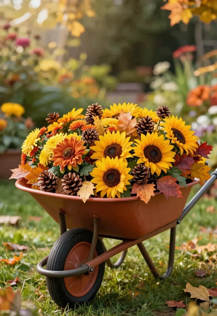 11 Best Wheelbarrow Fall Decor Ideas for Your Front Yard 2. Floral Fall Arrangements 0