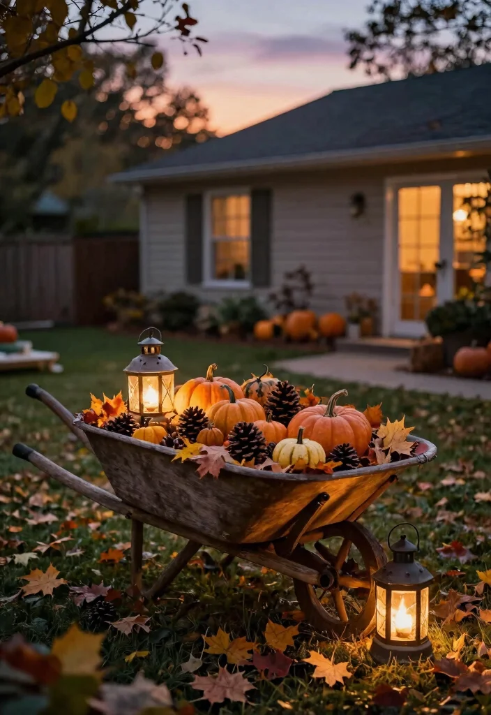 11 Best Wheelbarrow Fall Decor Ideas for Your Front Yard 4. Rustic Lantern Display 0