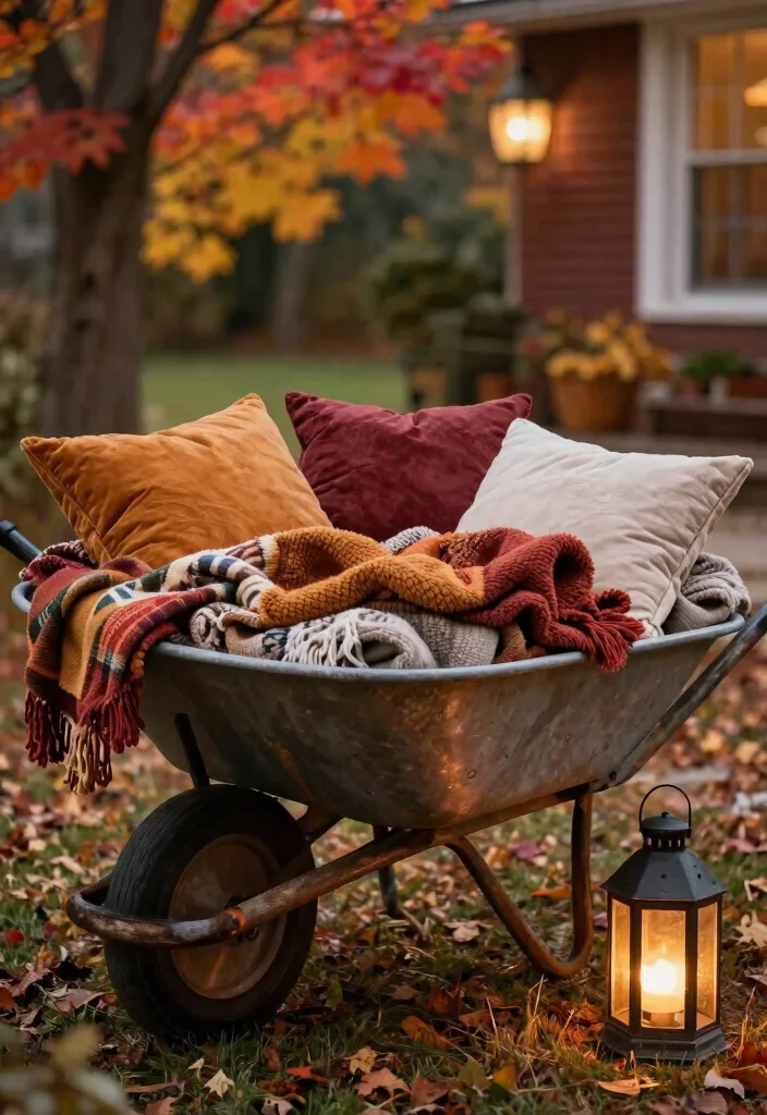 11 Best Wheelbarrow Fall Decor Ideas for Your Front Yard 7. Cozy Blanket Display 0