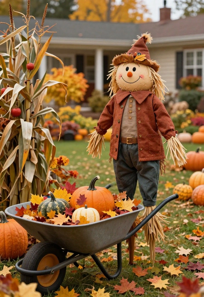 11 Best Wheelbarrow Fall Decor Ideas for Your Front Yard 8. Scarecrow Friends 0