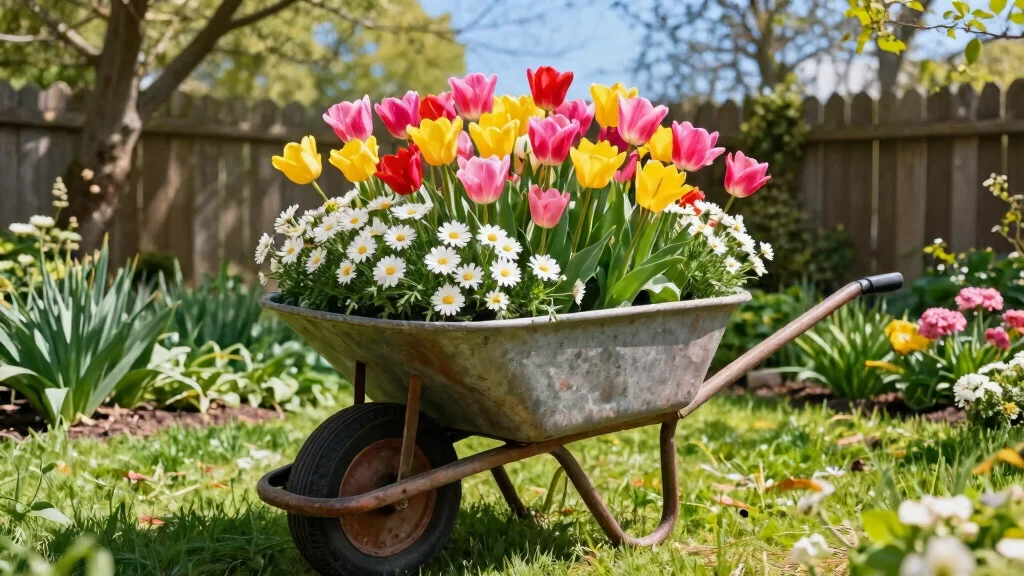 11 Bright Spring Wheelbarrow Ideas with Tulips and Daisies