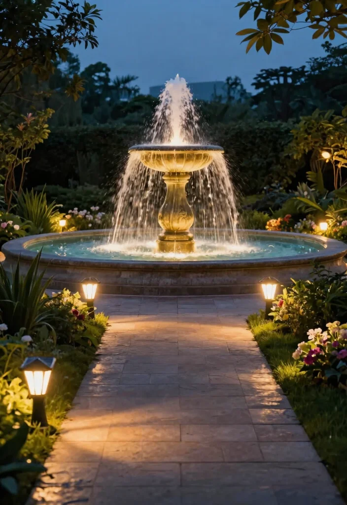 11 Brilliant Water Fountain Lighting Ideas for Nighttime 11. Pathway Lights Leading to the Fountain 0