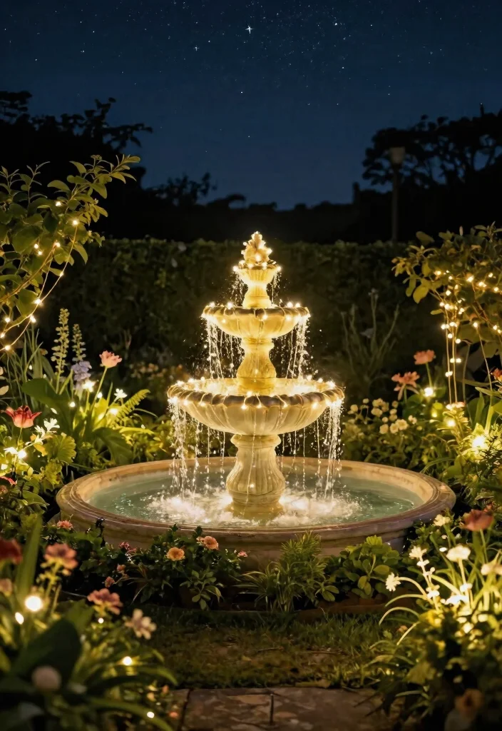 11 Brilliant Water Fountain Lighting Ideas for Nighttime 3. Solar Fairy Lights 0