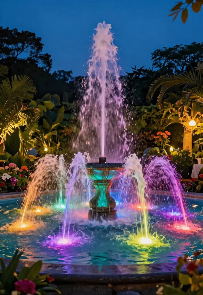 11 Brilliant Water Fountain Lighting Ideas for Nighttime 4. Color Changing Spotlights 0