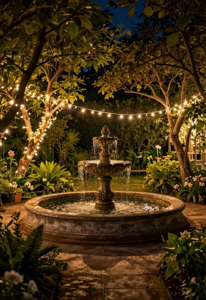 11 Brilliant Water Fountain Lighting Ideas for Nighttime 5. Rustic String Lights 0