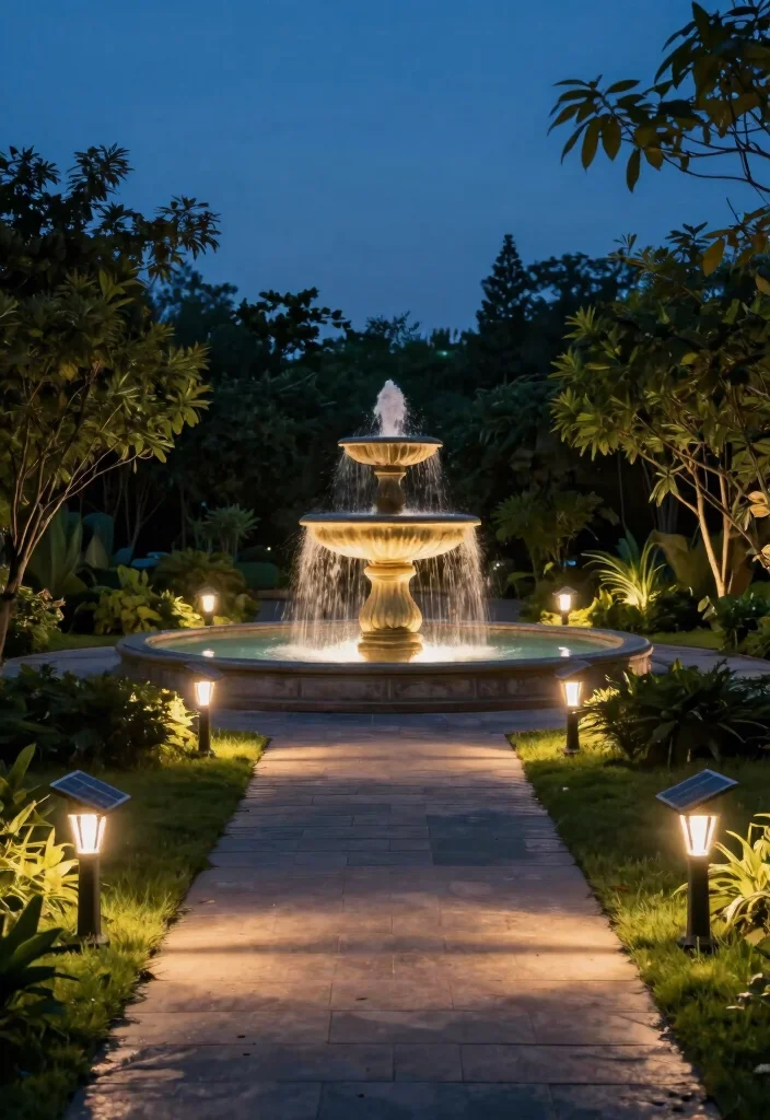 11 Brilliant Water Fountain Lighting Ideas for Nighttime 6. Solar Powered Ground Lights 0