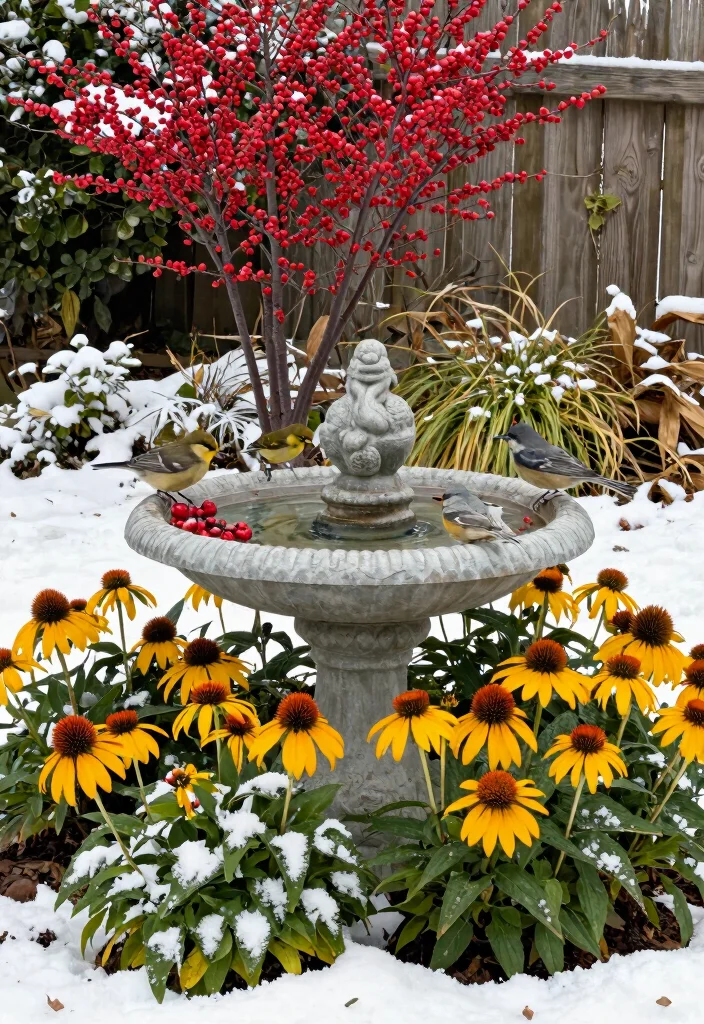 11 Brilliant Winter Bird Bath Ideas to Help Local Birds 10. Bird Bath with Native Plants 0