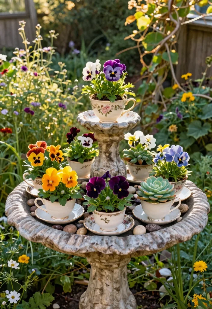 11 Clever Bird Bath Planter Ideas DIY Garden Hacks 1. Vintage Charm with Teacup Planters 0
