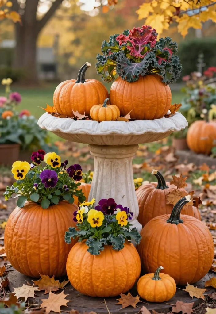 11 Clever Bird Bath Planter Ideas DIY Garden Hacks 10. Charming Pumpkins as Planters 0