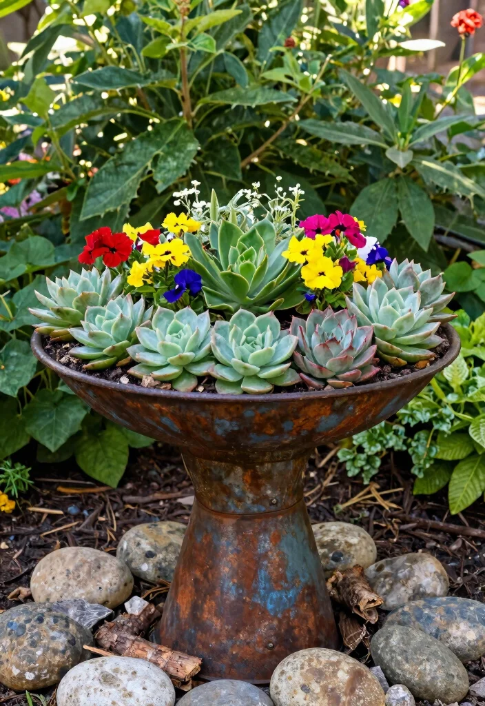 11 Clever Bird Bath Planter Ideas DIY Garden Hacks 2. Rustic Upcycled Metal Planters 0