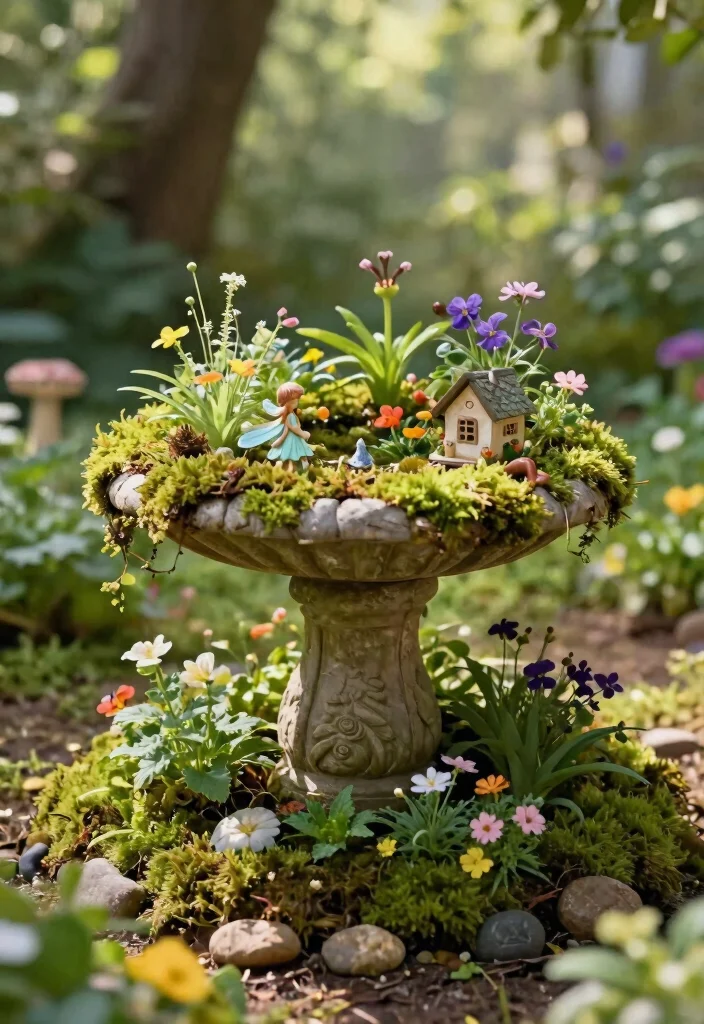 11 Clever Bird Bath Planter Ideas DIY Garden Hacks 3. Whimsical Fairy Garden Bird Bath 0