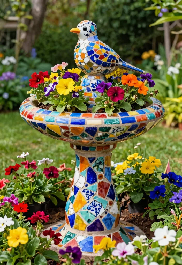 11 Clever Bird Bath Planter Ideas DIY Garden Hacks 4. Colorful Mosaic Bird Bath Planter 0