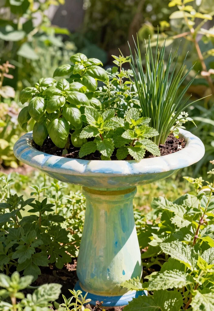 11 Clever Bird Bath Planter Ideas DIY Garden Hacks 5. Elevated Herb Garden Bird Bath 0