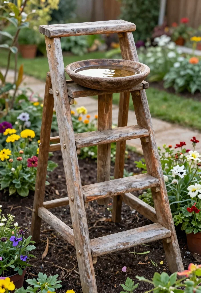 11 Creative Bird Bath Stand Ideas from Wood to Metal 5 11 Creative Bird Bath Stand Ideas from Wood to Metal 5. Rustic Ladder Display 0