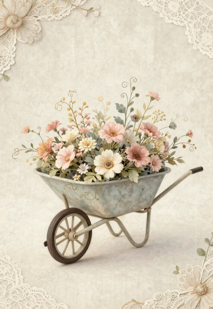 11 Cute Wheelbarrow Embroidery Designs for Crafting 2. Vintage Floral Wheelbarrow 0