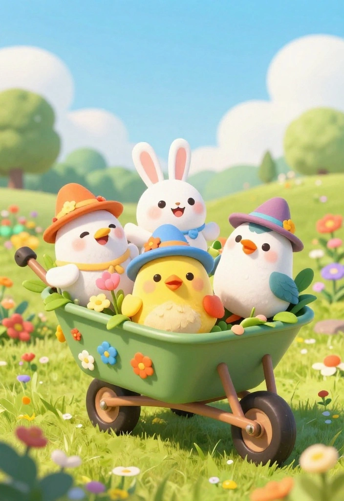 11 Cute Wheelbarrow Embroidery Designs for Crafting 3. Playful Animals in the Wheelbarrow 0