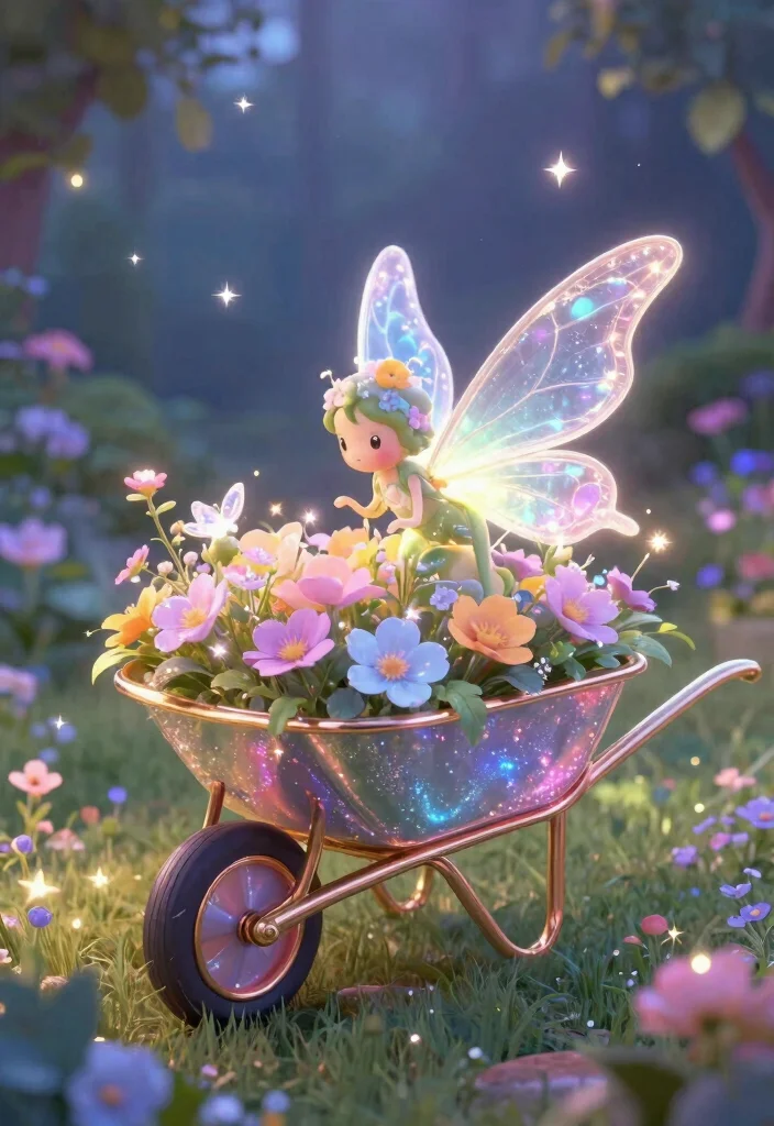 11 Cute Wheelbarrow Embroidery Designs for Crafting 6. Magical Fairy Wheelbarrow 0