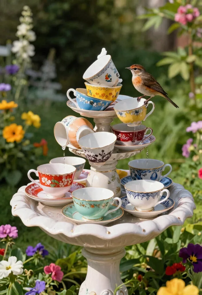 11 Easy DIY Solar Bird Bath Ideas Eco Friendly Gardening Projects 1. Vintage Tea Cup Bird Bath 0