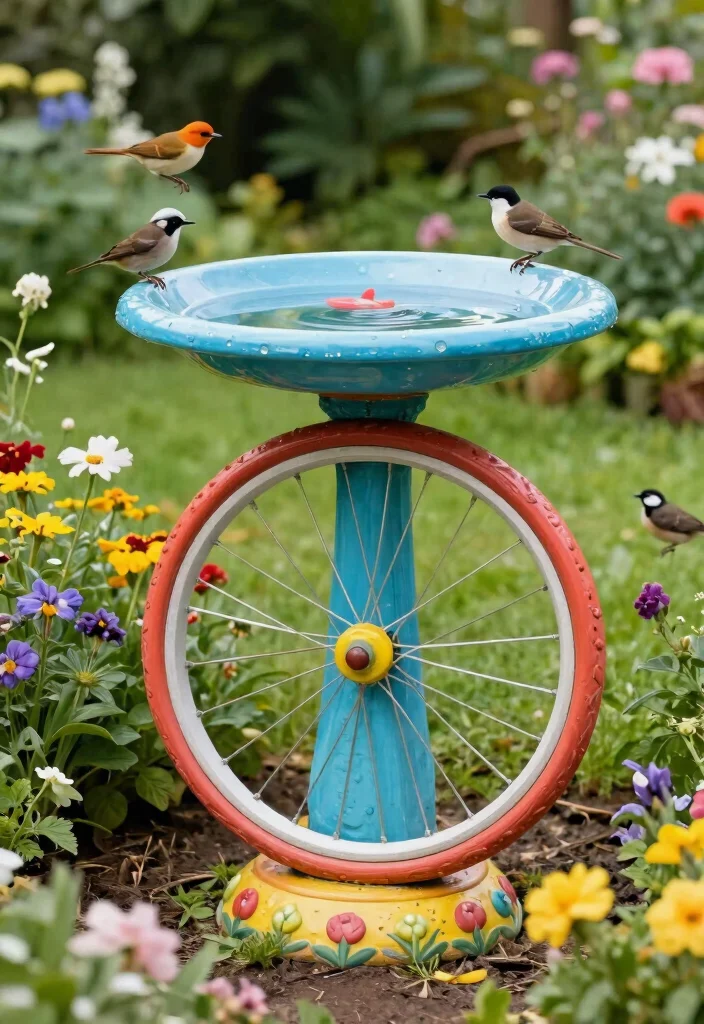 11 Easy DIY Solar Bird Bath Ideas Eco Friendly Gardening Projects 6. Repurposed Bicycle Wheel Bird Bath 0