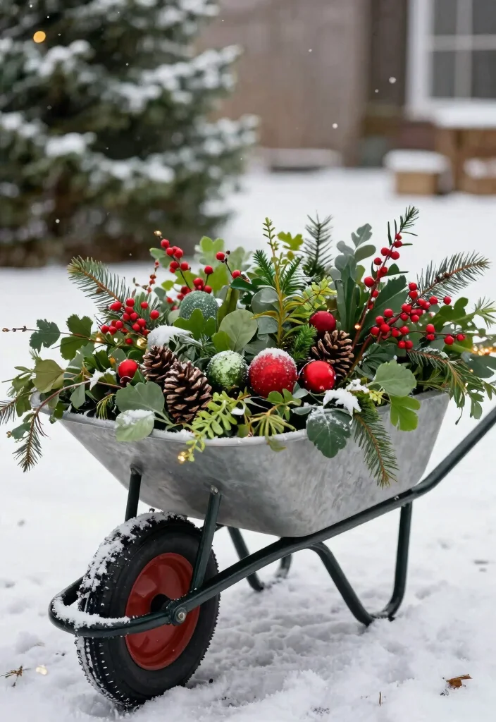 11 Festive Christmas Wheelbarrow Ideas for Holiday Porches 1. The Classic Christmas Planter 0
