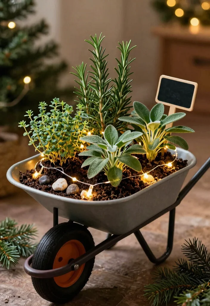 11 Festive Christmas Wheelbarrow Ideas for Holiday Porches 2. Holiday Herb Garden 0