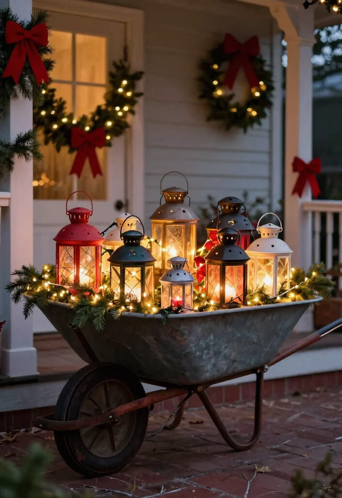 11 Festive Christmas Wheelbarrow Ideas for Holiday Porches 3. Festive Lantern Display 0