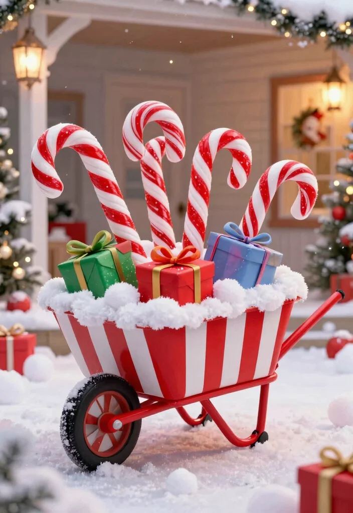 11 Festive Christmas Wheelbarrow Ideas for Holiday Porches 5. Candy Cane Wonderland 0