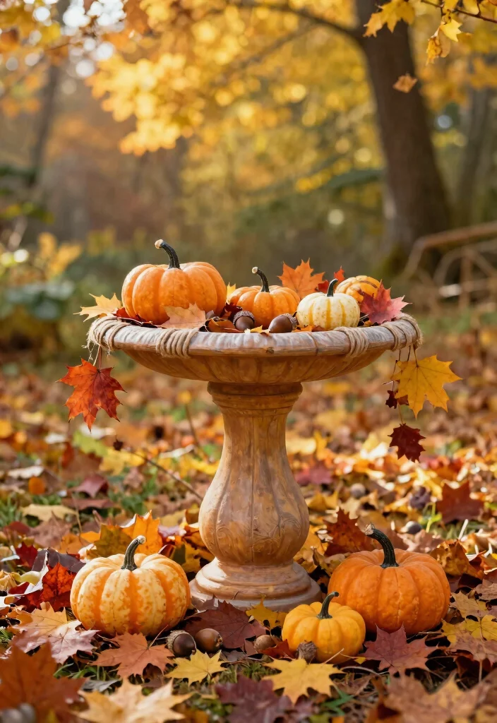 11 Magical Bird Bath Decorating Ideas for Every Season 3. Autumn Whimsy Harvesting Colors 0