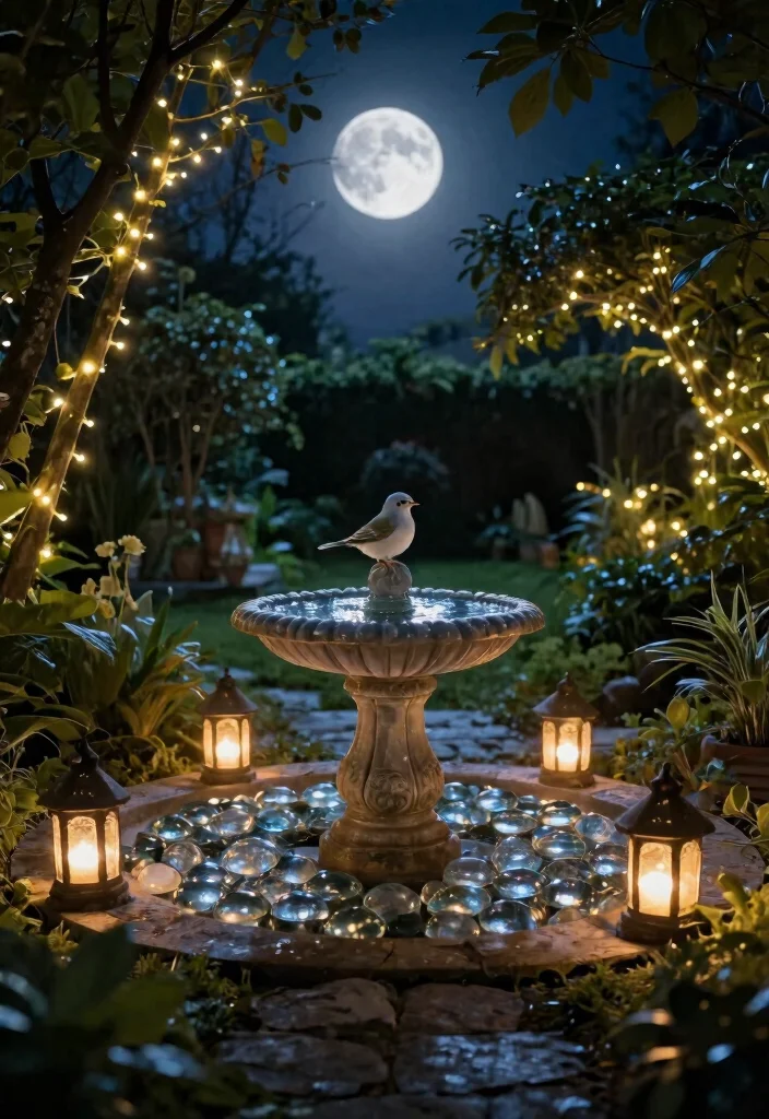 11 Magical Bird Bath Decorating Ideas for Every Season 7. Moonlit Magic Nighttime Decor 0