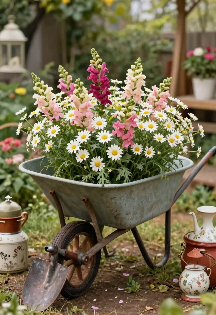 11 Magical Tipped Wheelbarrow Planter Ideas Spilled Flowers 10. Vintage Charm 0