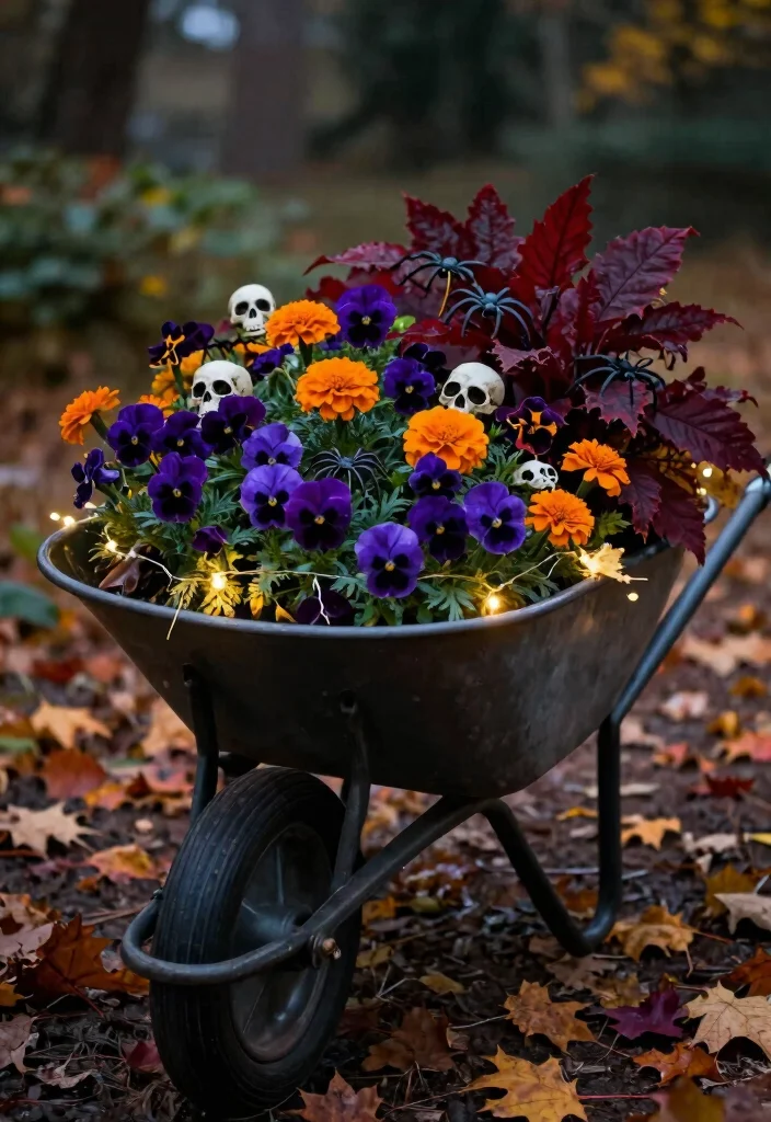 11 Spooky Halloween Wheelbarrow Ideas for Outdoor Decor 1. Hauntingly Beautiful Floral Display 0