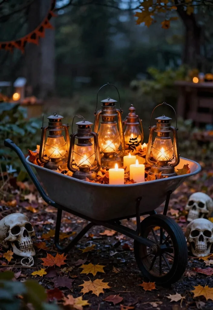 11 Spooky Halloween Wheelbarrow Ideas for Outdoor Decor 11. Eerie Lantern Wheelbarrow 0