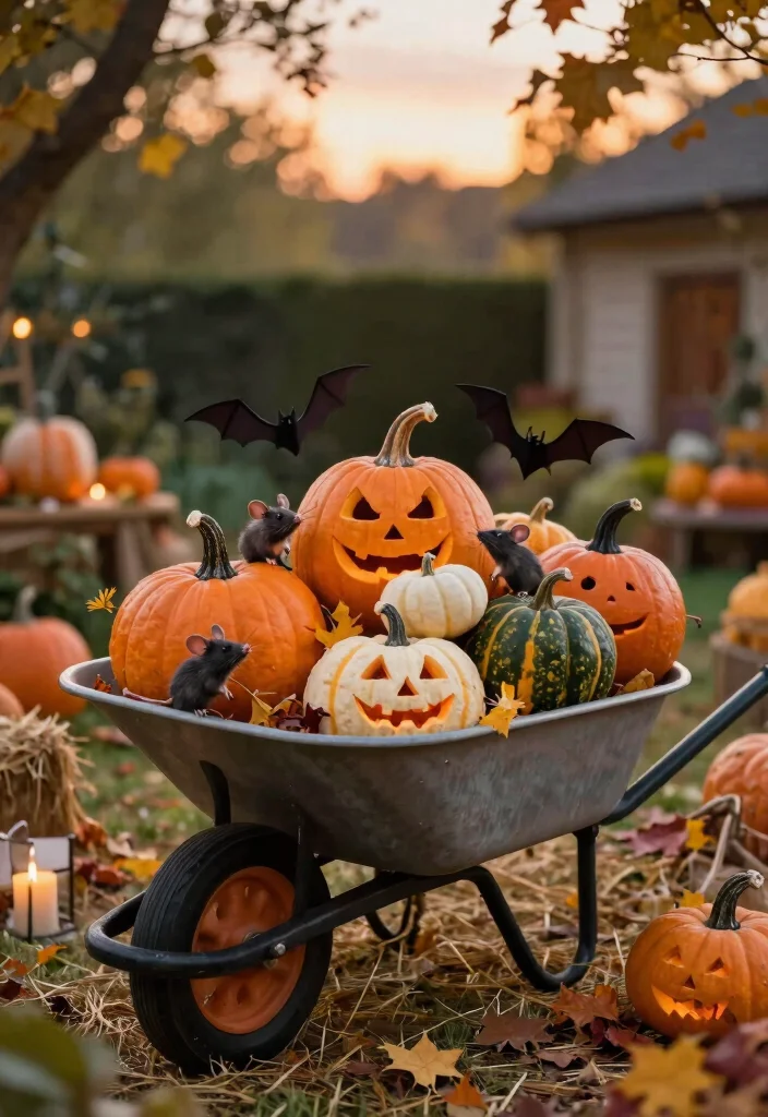 11 Spooky Halloween Wheelbarrow Ideas for Outdoor Decor 2. Creepy Pumpkin Patch in a Wheelbarrow 0