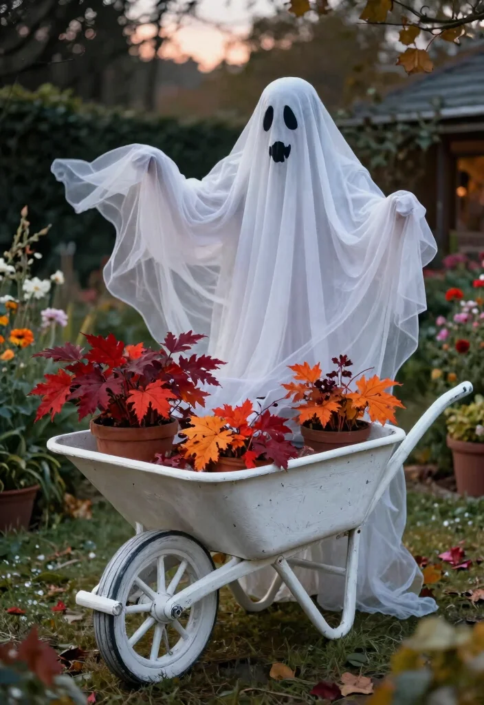 11 Spooky Halloween Wheelbarrow Ideas for Outdoor Decor 3. Ghostly Wheelbarrow Planter 0