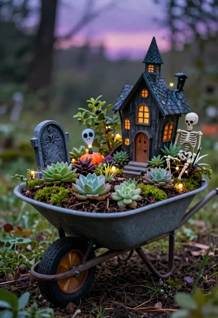 11 Spooky Halloween Wheelbarrow Ideas for Outdoor Decor 7. Spooky Fairy Garden 0