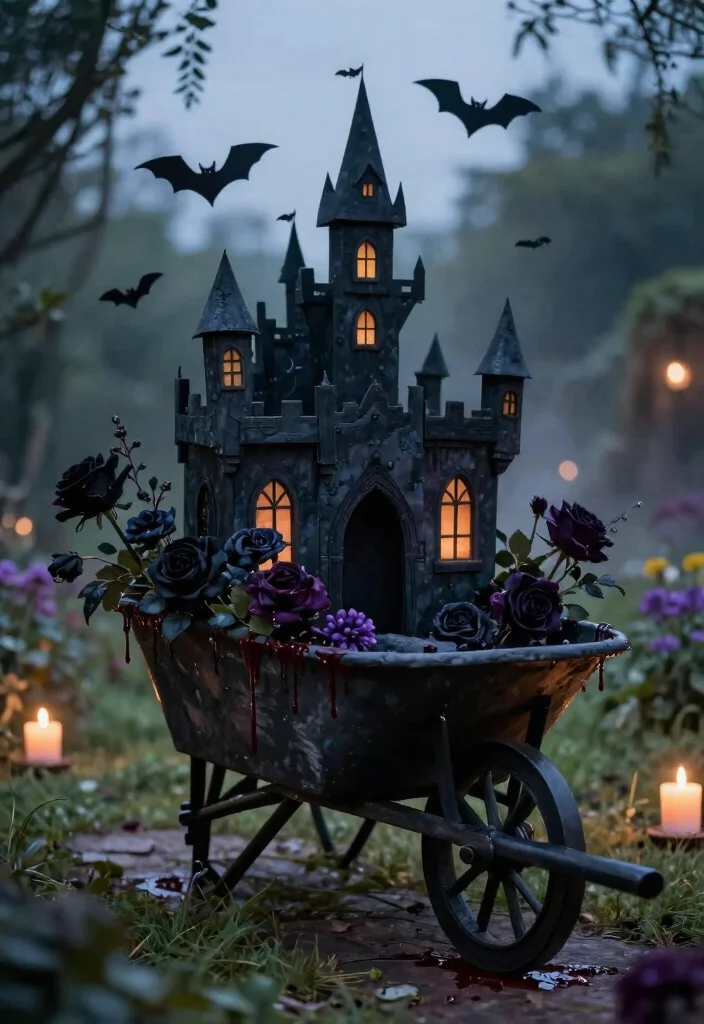11 Spooky Halloween Wheelbarrow Ideas for Outdoor Decor 8. Draculas Castle Wheelbarrow 0