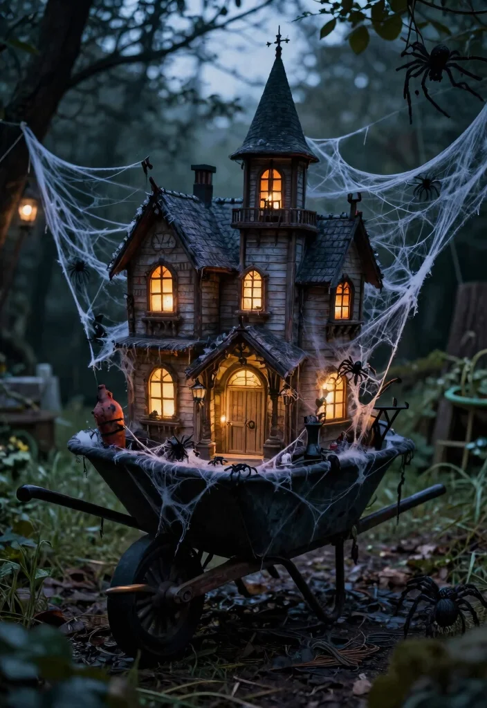 11 Spooky Halloween Wheelbarrow Ideas for Outdoor Decor 9. Haunted House Wheelbarrow 0