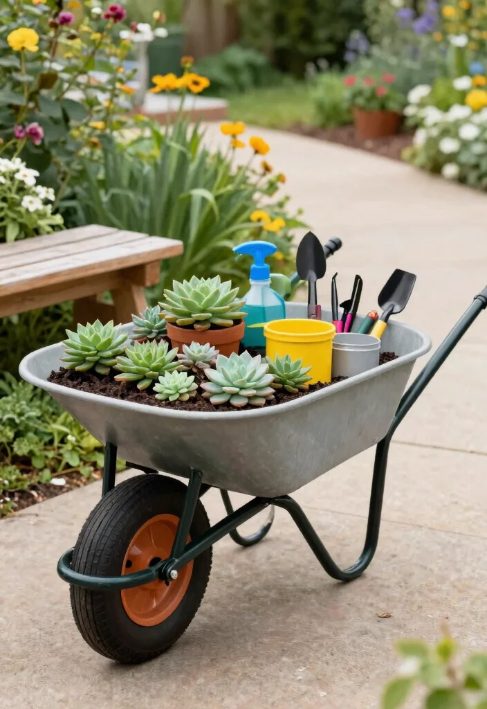 11 Stunning Wheelbarrow Succulent Planter Ideas Low Care 11. Wheelbarrow Potting Station 0