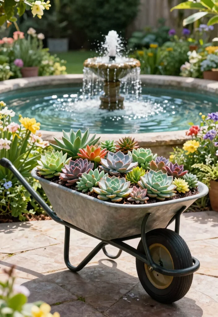 11 Stunning Wheelbarrow Succulent Planter Ideas Low Care 4. Wheelbarrow Water Feature 0