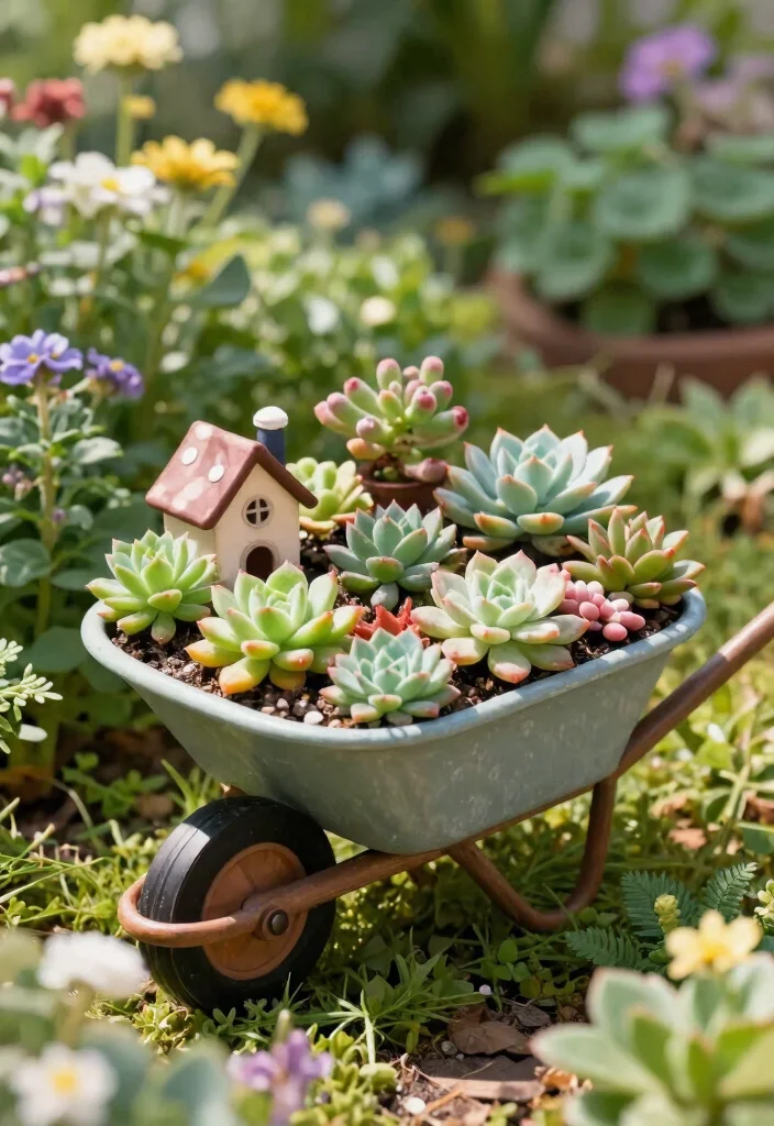 11 Stunning Wheelbarrow Succulent Planter Ideas Low Care 5. Wheelbarrow Fairy Garden 0