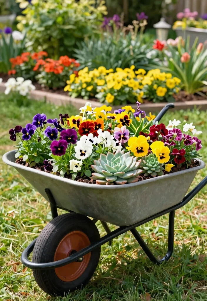 11 Stunning Wheelbarrow Succulent Planter Ideas Low Care 6. Wheelbarrow with Mixed Flowers and Succulents 0