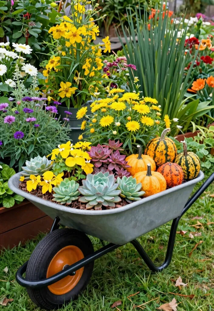 11 Stunning Wheelbarrow Succulent Planter Ideas Low Care 8. Wheelbarrow as a Seasonal Display 0