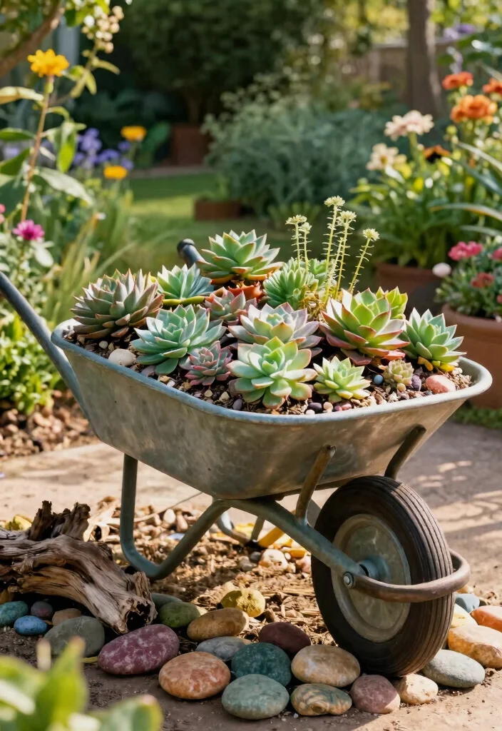 11 Stunning Wheelbarrow Succulent Planter Ideas Low Care 9. Vintage Wheelbarrow Garden Centerpiece 0