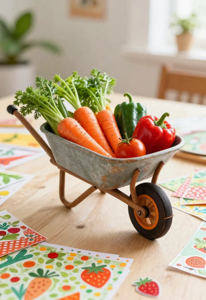 11 Vintage Wheelbarrow Stamp Ideas for Scrapbooking 3. Whimsical Wheelbarrow with Vegetables 0